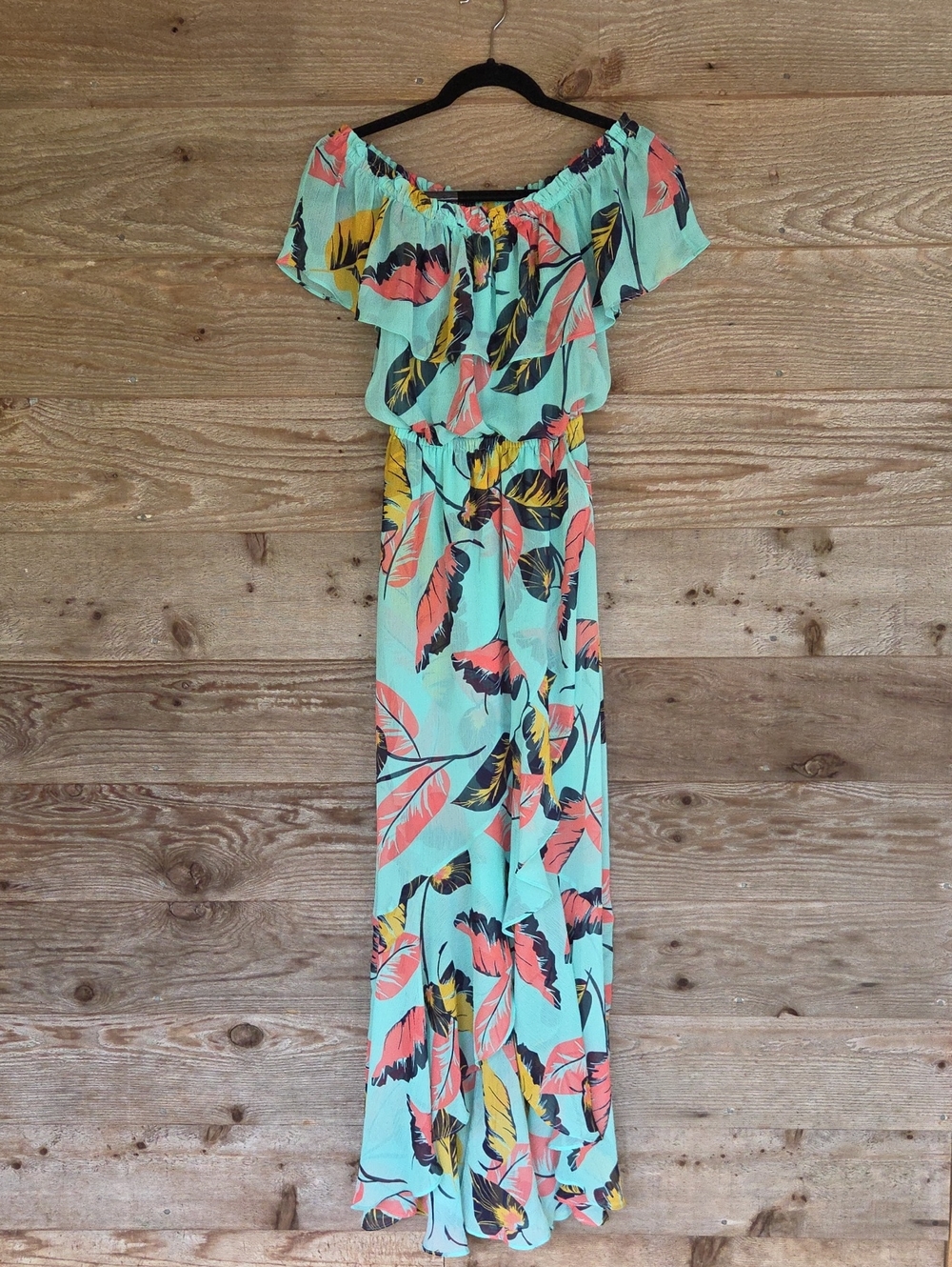 Express XS Aqua Off-Shoulder Floral Print High Low Dress Coral & Yellow Leaves